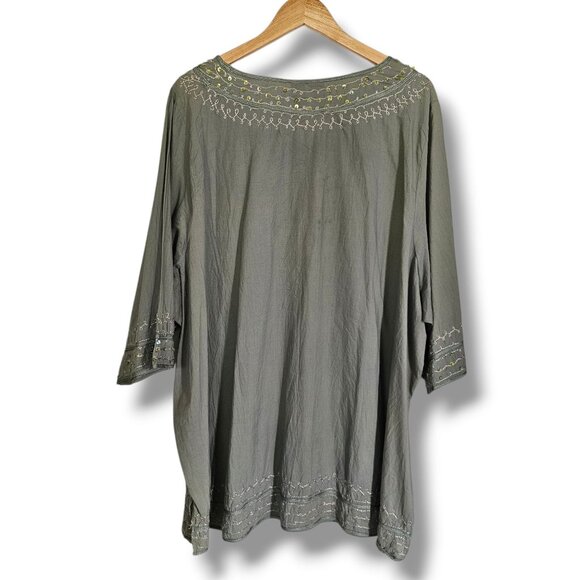 Junonia Tunic Top Size 4X Green Embroidered Cotton Sequins India Lightweight - Picture 2 of 11